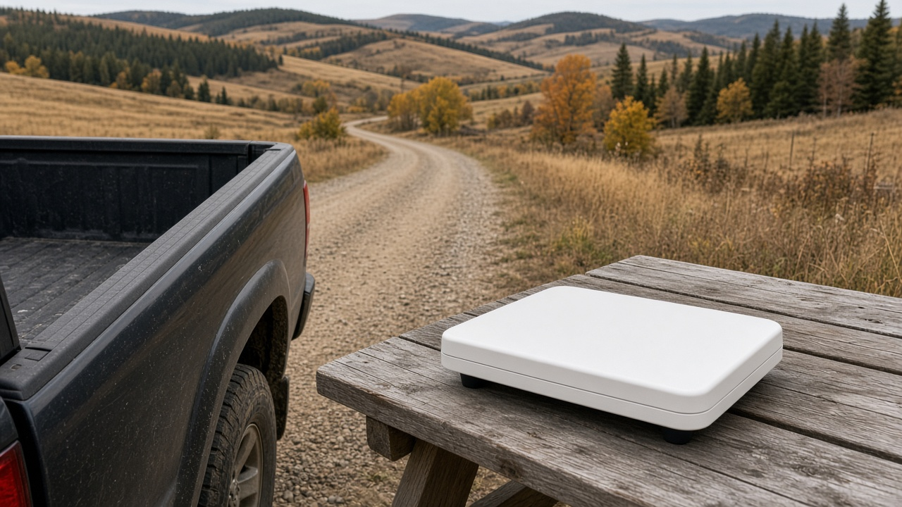 Satellite internet equipment box on a farmhouse table in Alberta