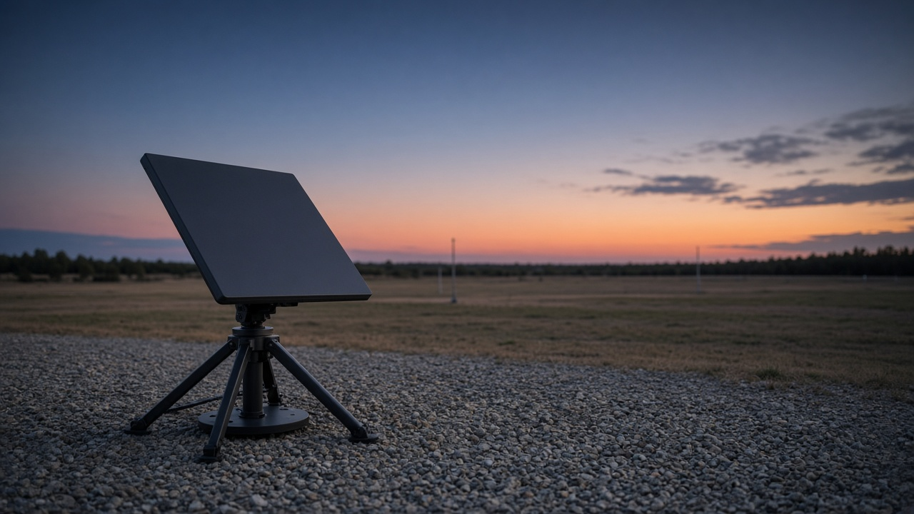 Flat rectangular phased-array satellite antenna on a tripod at an open military test range at dusk, with a gravel pad and distant tree line