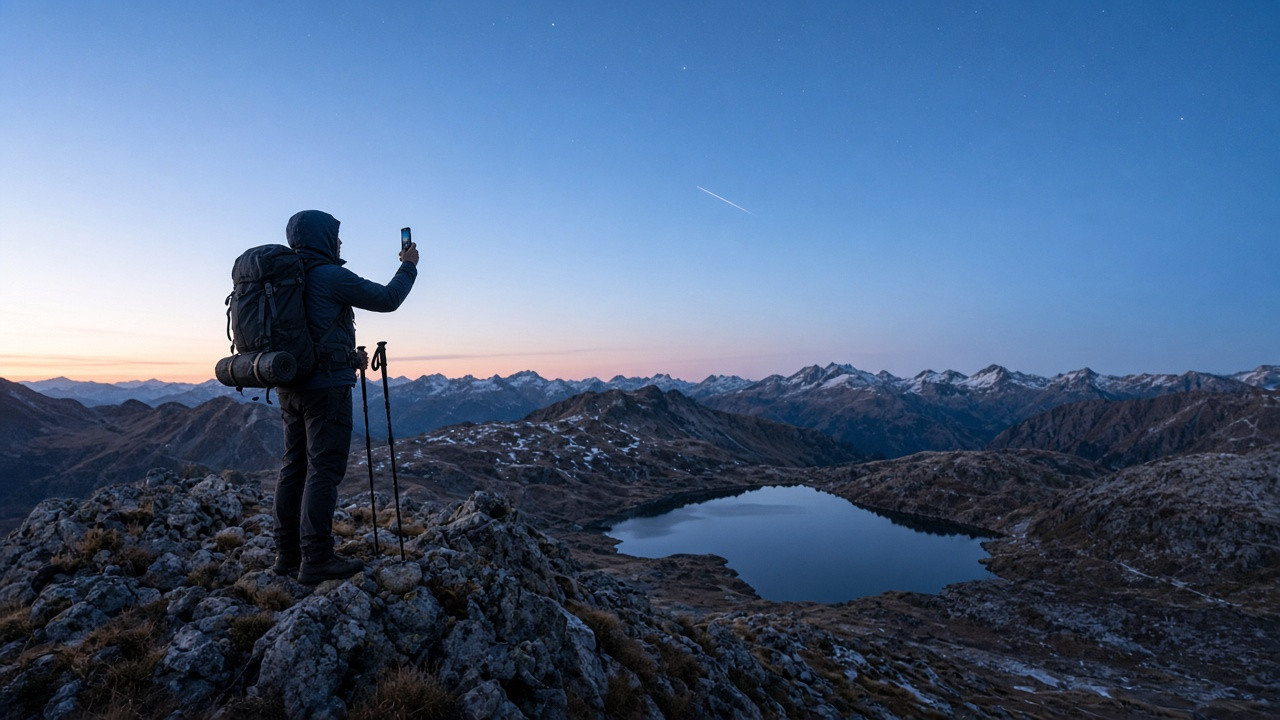 Hiker on a remote mountain ridge at dusk holding a smartphone up toward a clear sky, with a faint satellite trail overhead