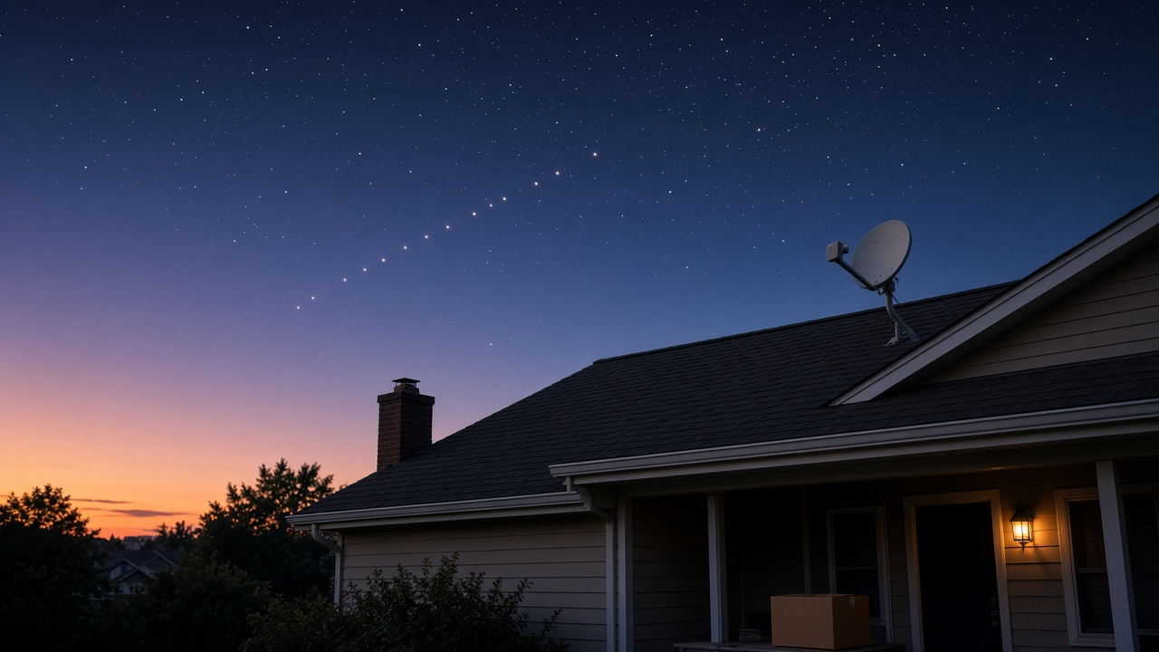 Satellite dish on a rural farmhouse roof at dusk with a clear sky