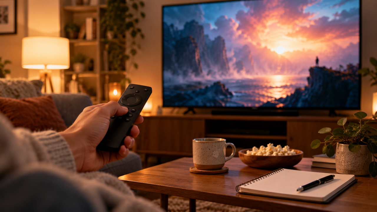 Streaming app grid on a living room TV with a remote control resting on the arm of a couch
