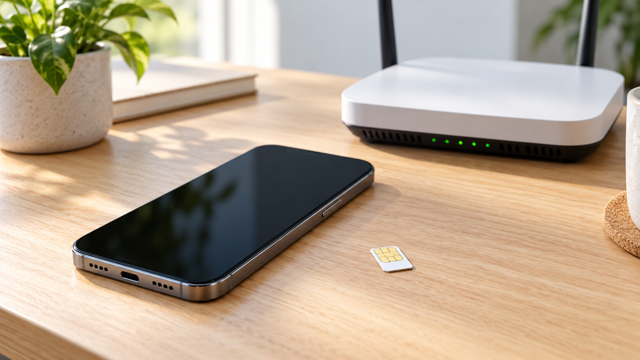 Unbranded smartphone and SIM card on a desk beside a router