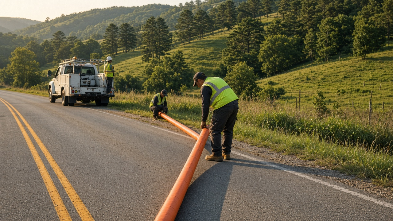 Crew laying orange fiber conduit along a rural road with green hills, morning light, no logos