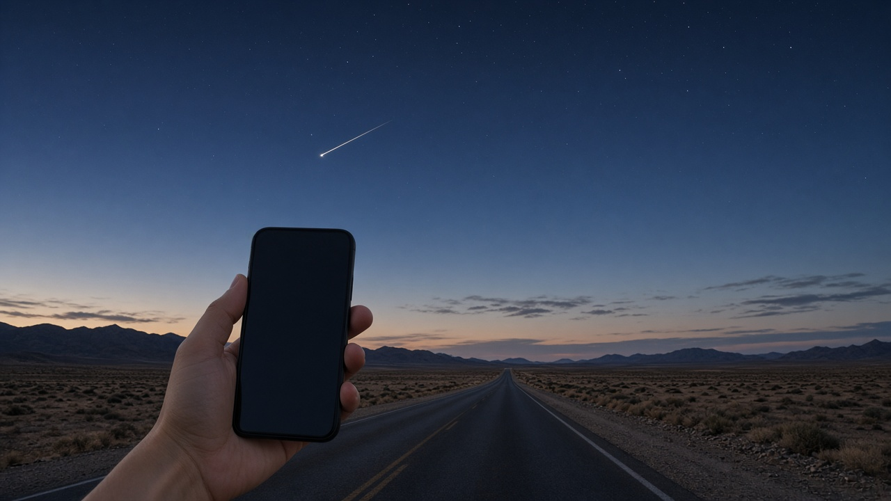Smartphone held up against a dusk sky over open desert with a satellite crossing overhead