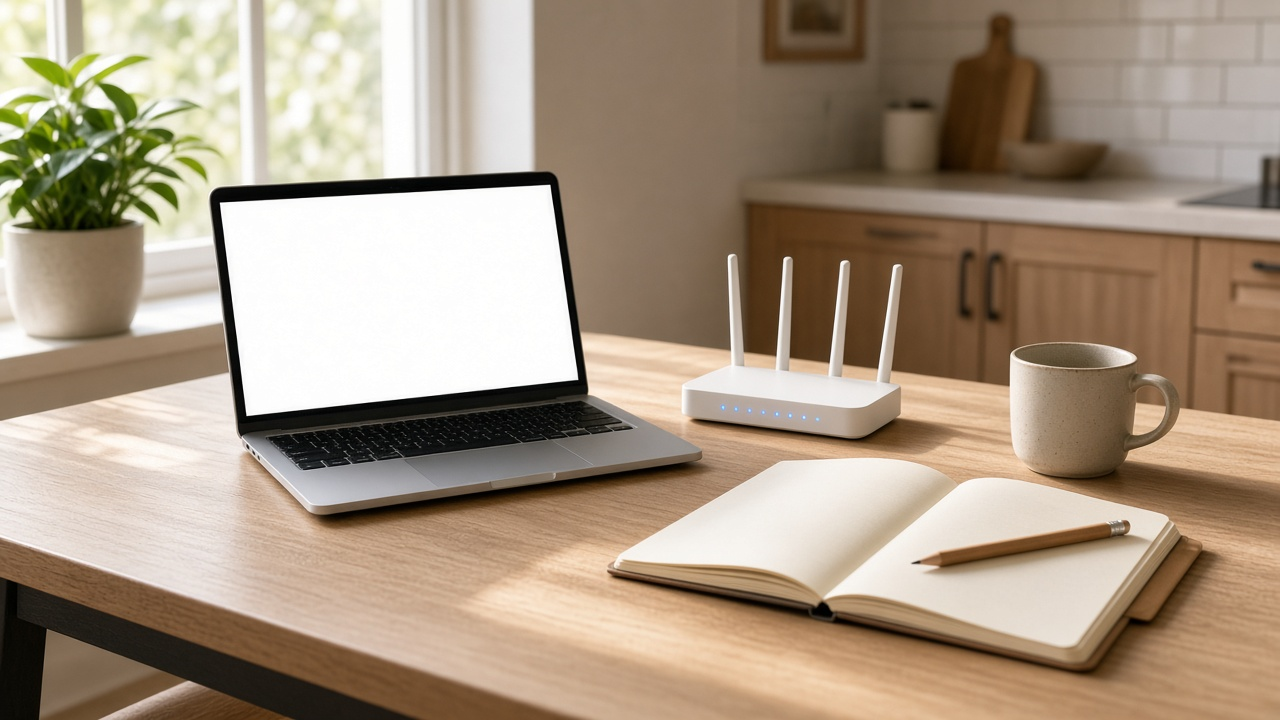 Laptop, white Wi-Fi router, open notebook and coffee mug on a sunny kitchen table