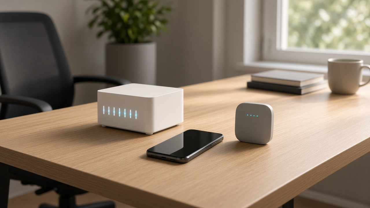 Modern living room with a fiber internet gateway glowing on a shelf
