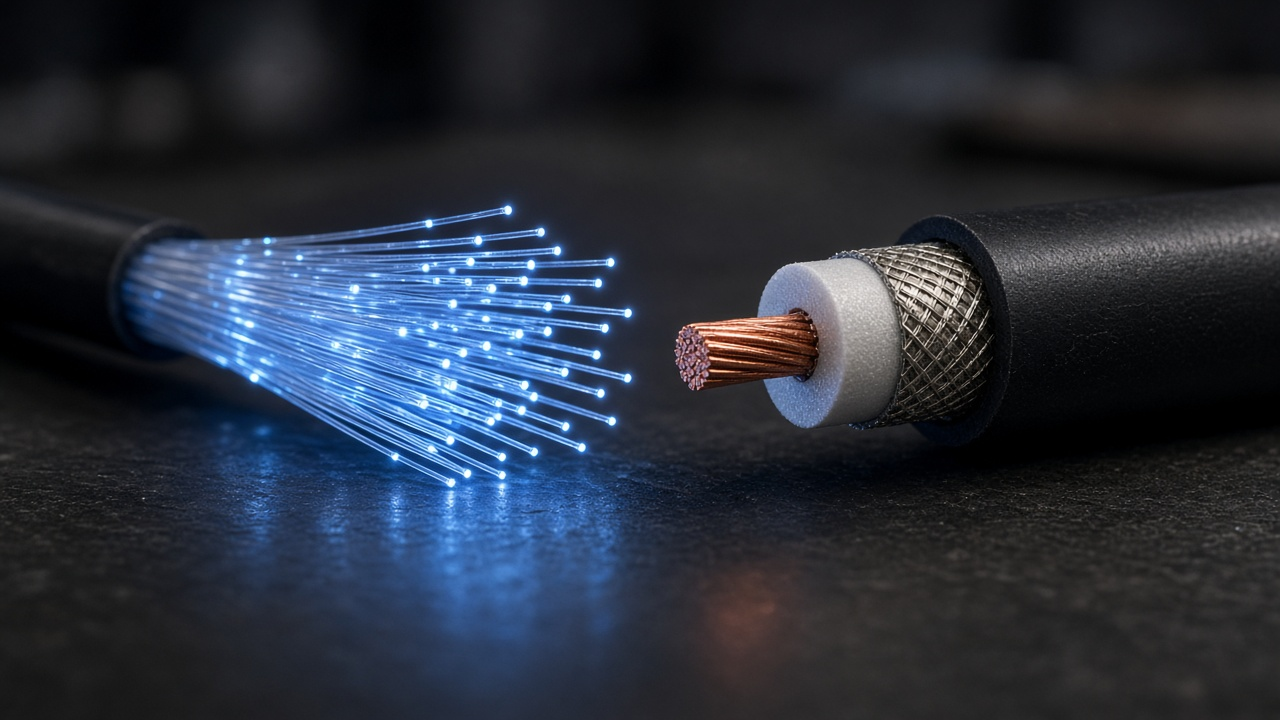 Glowing fiber optic strands next to a coaxial cable with a copper core on a dark workbench