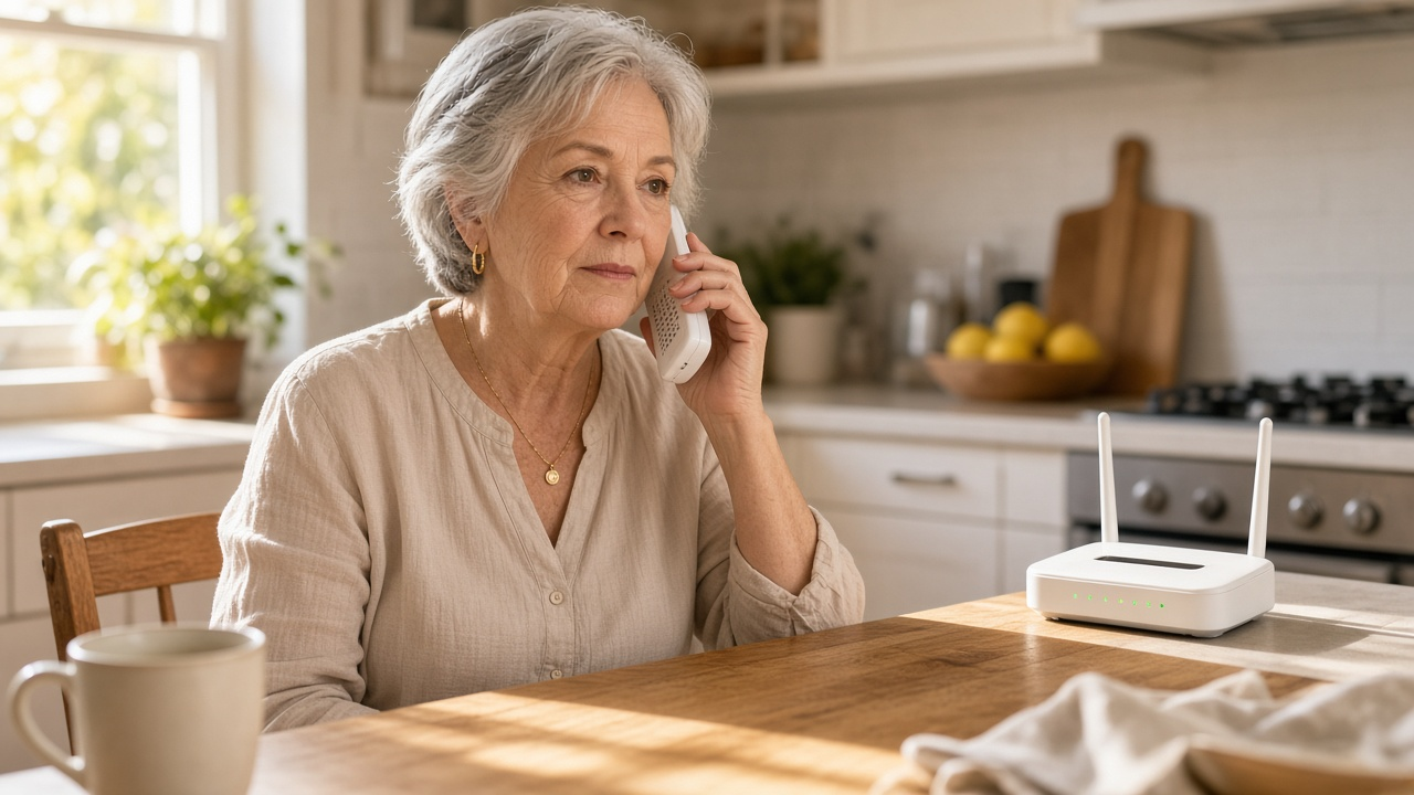 Older woman at a kitchen table holding a cordless landline phone next to a small home internet router, morning light, no logos or readable text