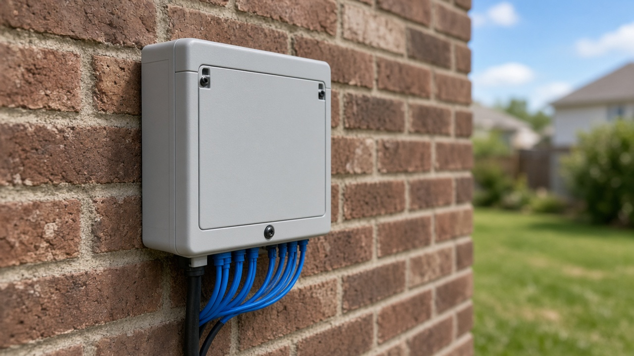 Gray fiber optic terminal box with blue cables mounted on the brick wall of a suburban house