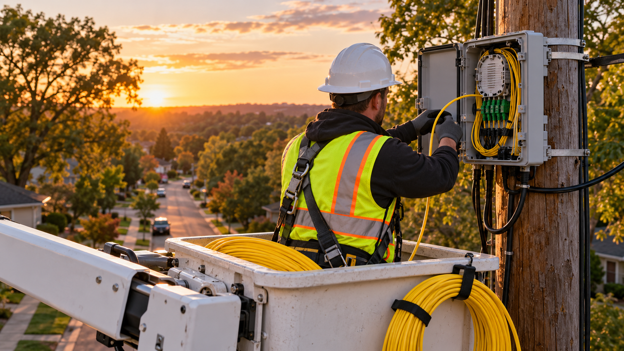 Fiber optic installer feeding cable into a utility pole on a suburban street at dusk