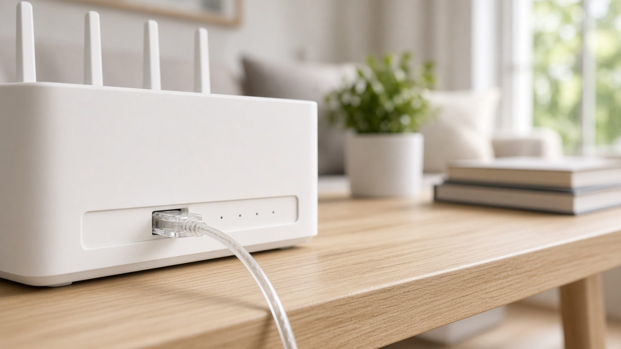 Fiber optic cable plugged into a white home router on a wooden shelf in a bright living room, soft daylight, no logos or readable text