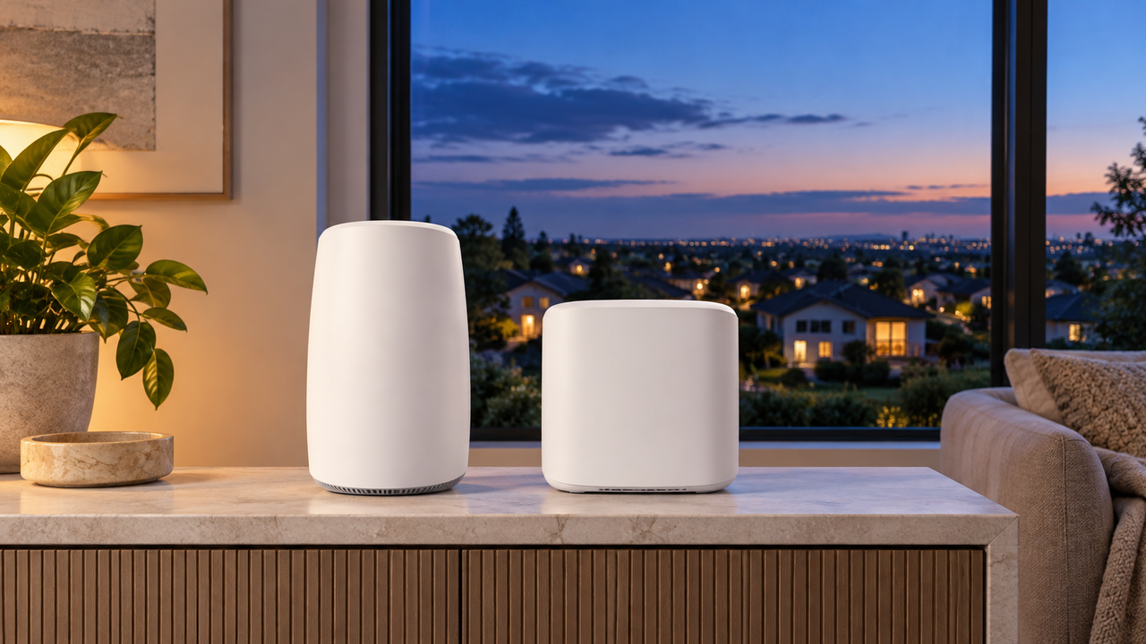 Two unmarked white internet gateways on a pale console beside a window overlooking suburban rooftops at dusk