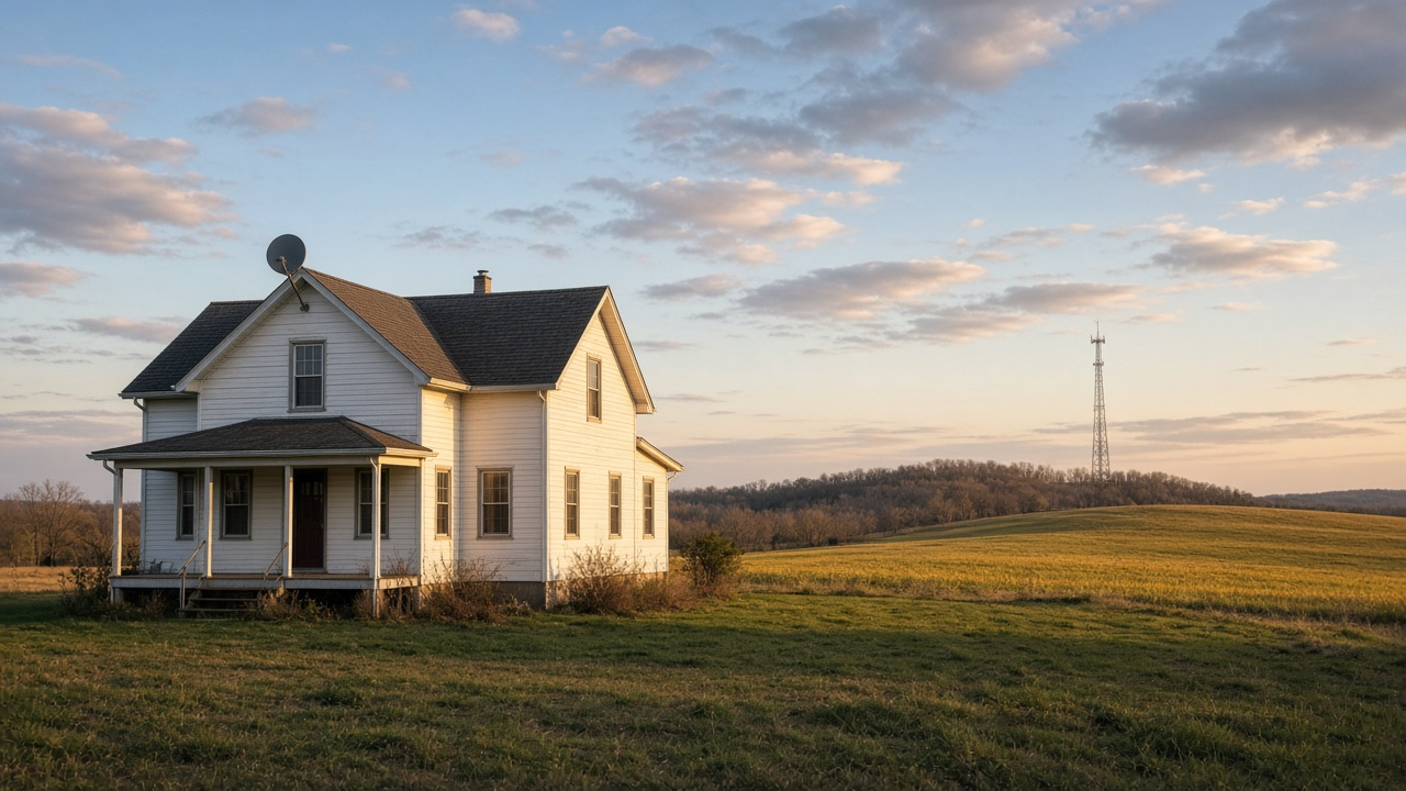 Rural farmhouse with a satellite dish on the roof and a distant cell tower on a hill, late afternoon light, no logos or readable text