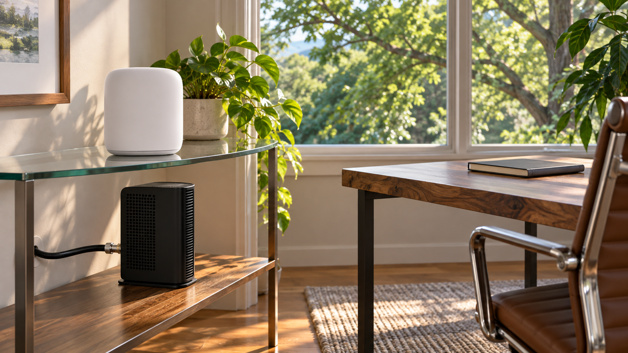 White oval internet gateway on a glass console and black cable modem on a lower shelf in a sunlit home office
