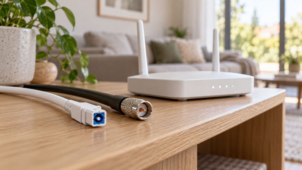 White fiber optic cable and black coaxial cable side by side next to an unbranded home Wi-Fi router on a living room shelf