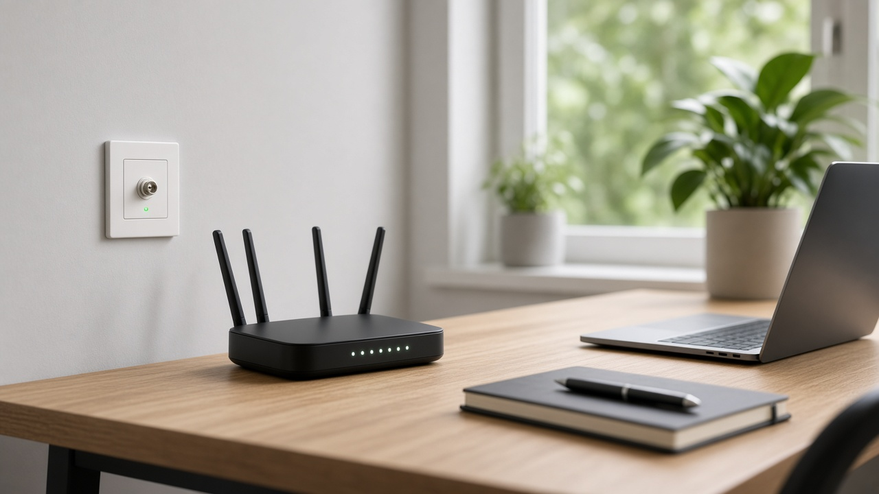 Technician-installed fiber wall jack and a Wi-Fi router in a modern home office, laptop on the desk, daylight, no logos or readable text