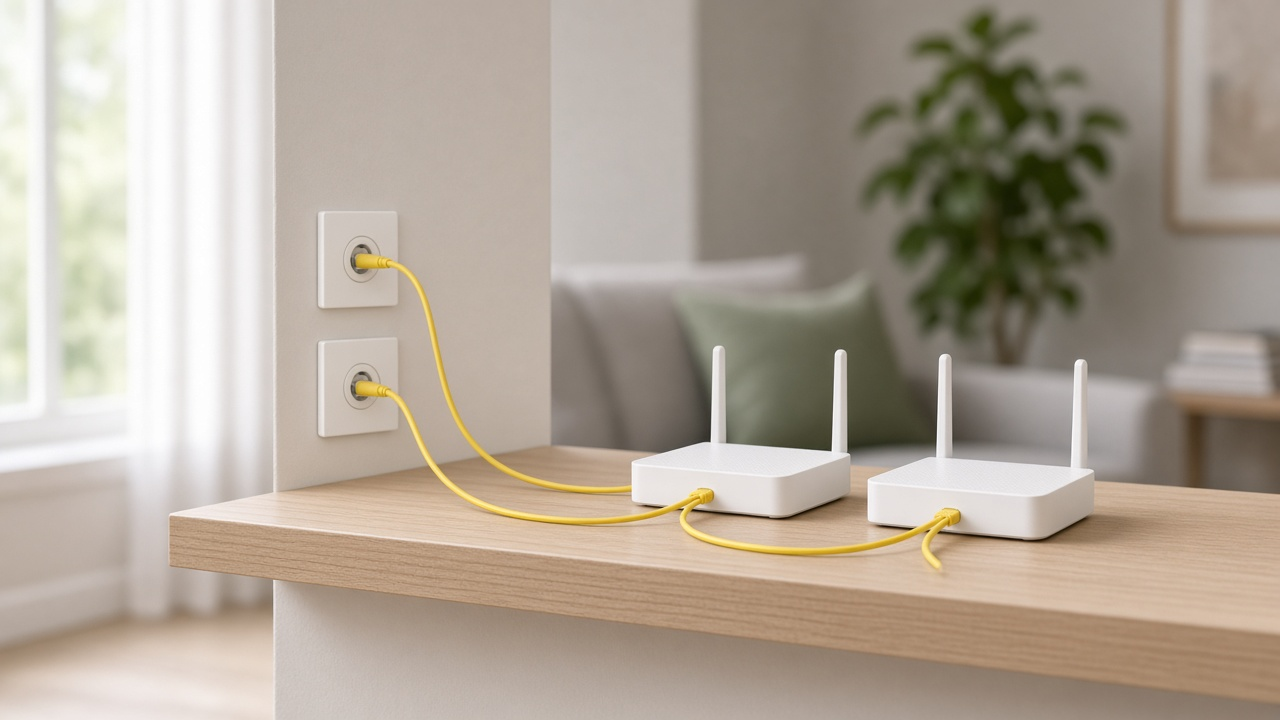 Two fiber wall outlets with yellow fiber cables running to two plain white Wi-Fi routers on a wooden shelf in a bright living room