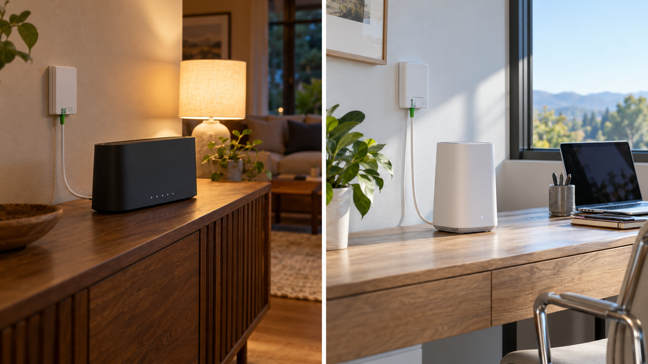 Two fiber internet gateways side by side on a living room media console with a fiber wall jack behind them
