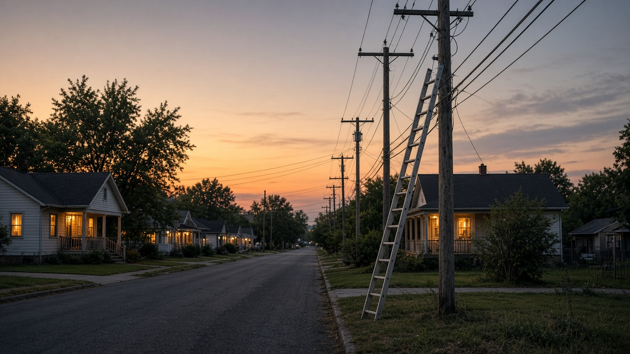 Empty residential street with utility poles and overhead cables at sunset