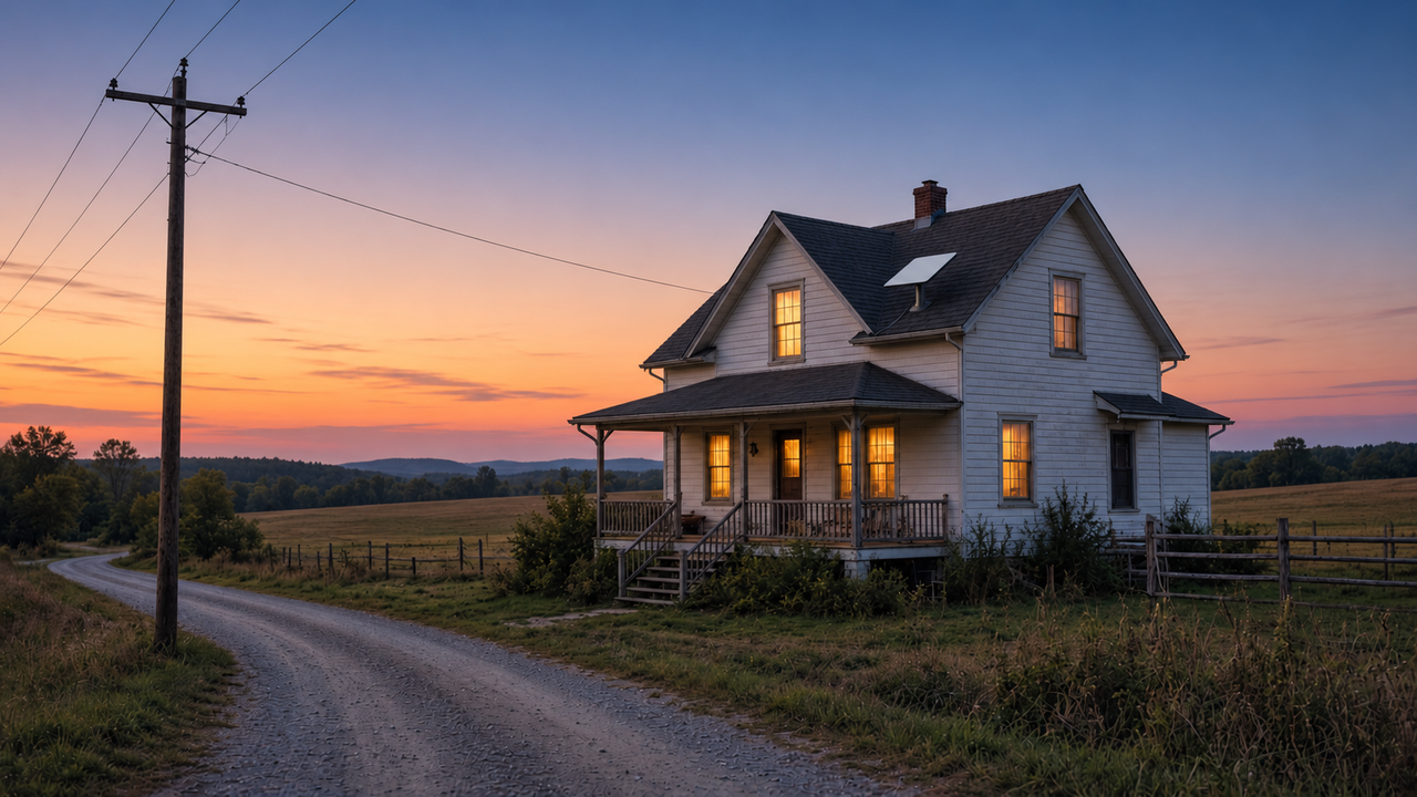 Rural farmhouse at dusk with a satellite dish on the roof and a utility pole with lines running along the gravel road