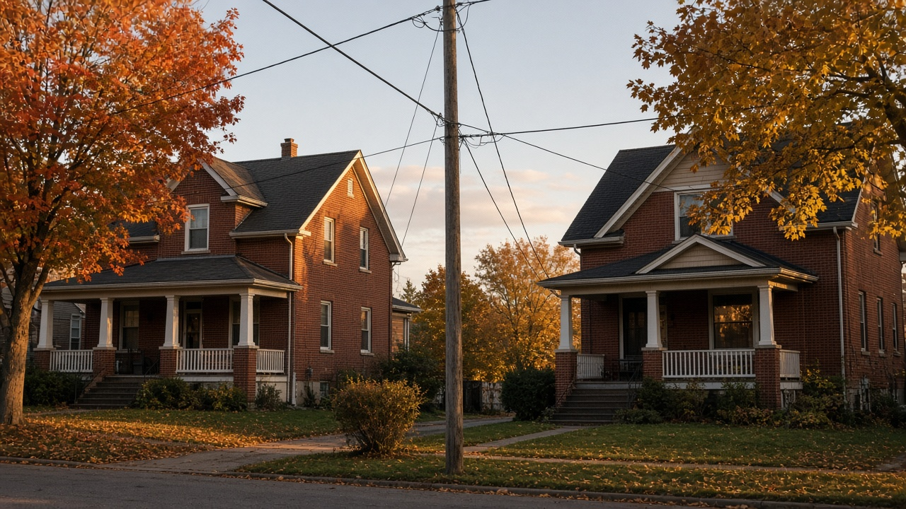 Two suburban houses side by side in the Midwest with a utility pole between them, early evening light, no logos or readable text