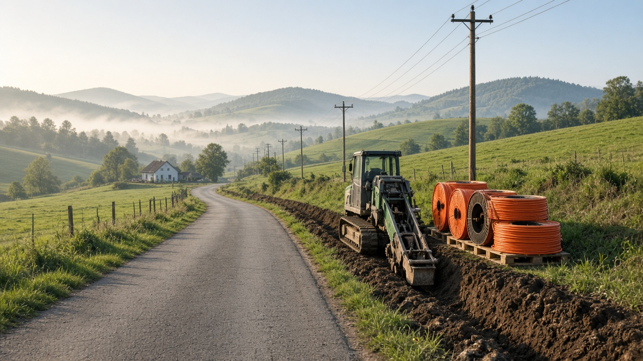 Fiber construction on a rural road with orange conduit spools, a trencher and rolling green hills