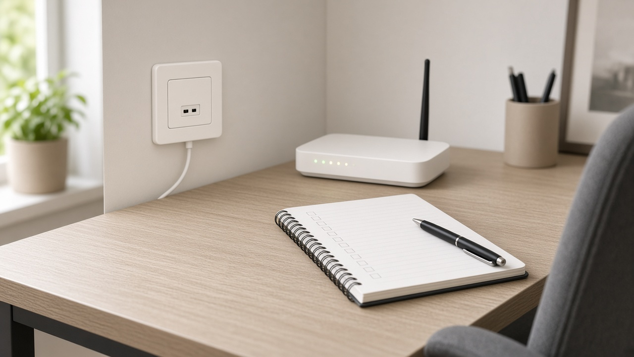 Home office desk with a fiber wall jack and a Wi-Fi router, notebook open to a list of internet provider options