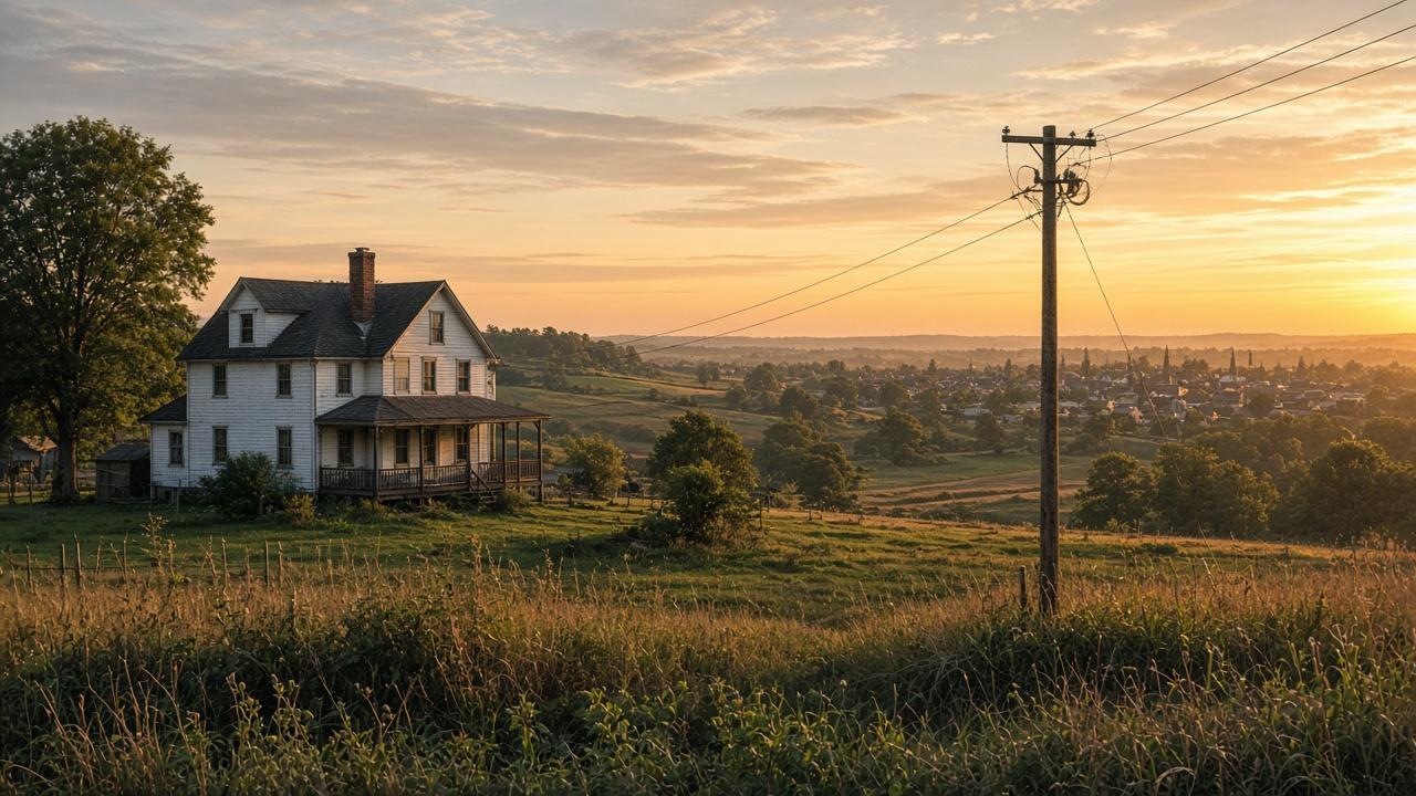 Farmhouse and utility pole with a small town beyond at golden hour