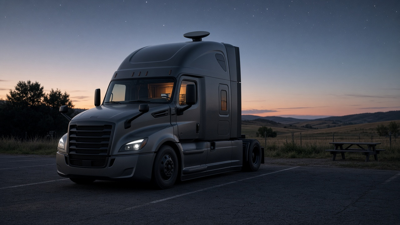 Semi truck parked at a rural rest area at dusk with a small flat satellite dish on the cab roof and a glowing laptop visible in the sleeper window