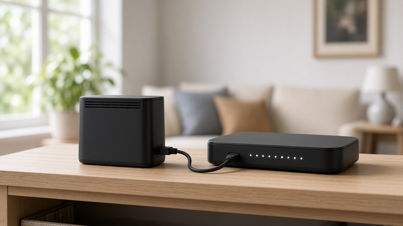 Sleek cable modem and Wi-Fi router side by side on a wooden shelf in a bright living room, connected by an Ethernet cable