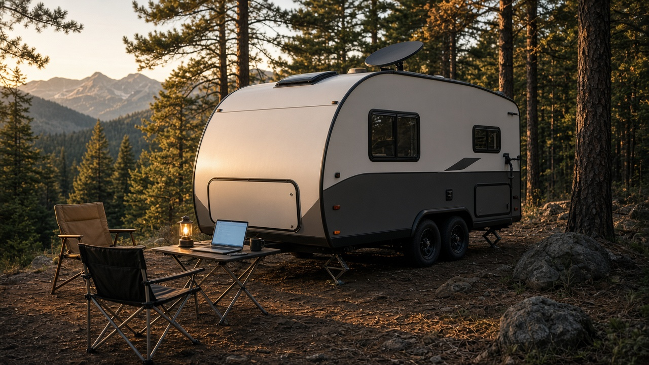 Travel trailer parked at a mountain campsite at sunset with a small flat satellite dish on the roof