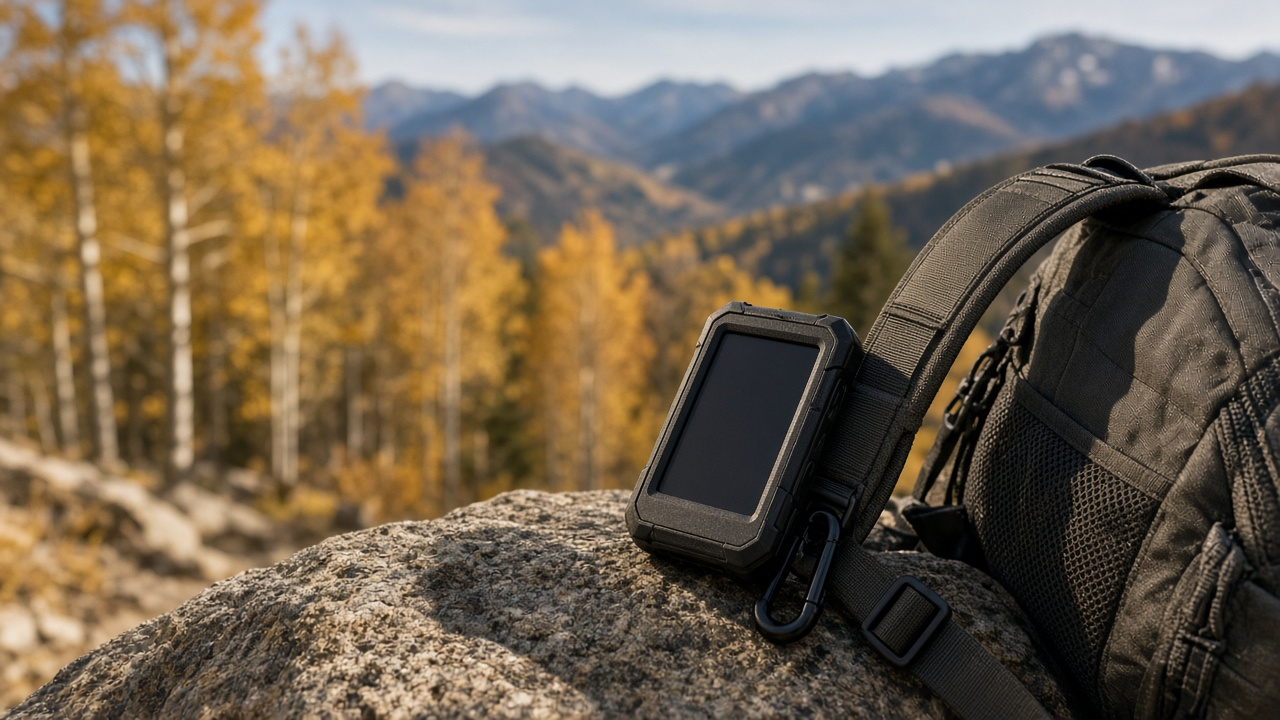 Small rugged satellite messenger clipped to a backpack strap on a rock at a mountain trailhead in autumn, no people, no screens readable, no logos