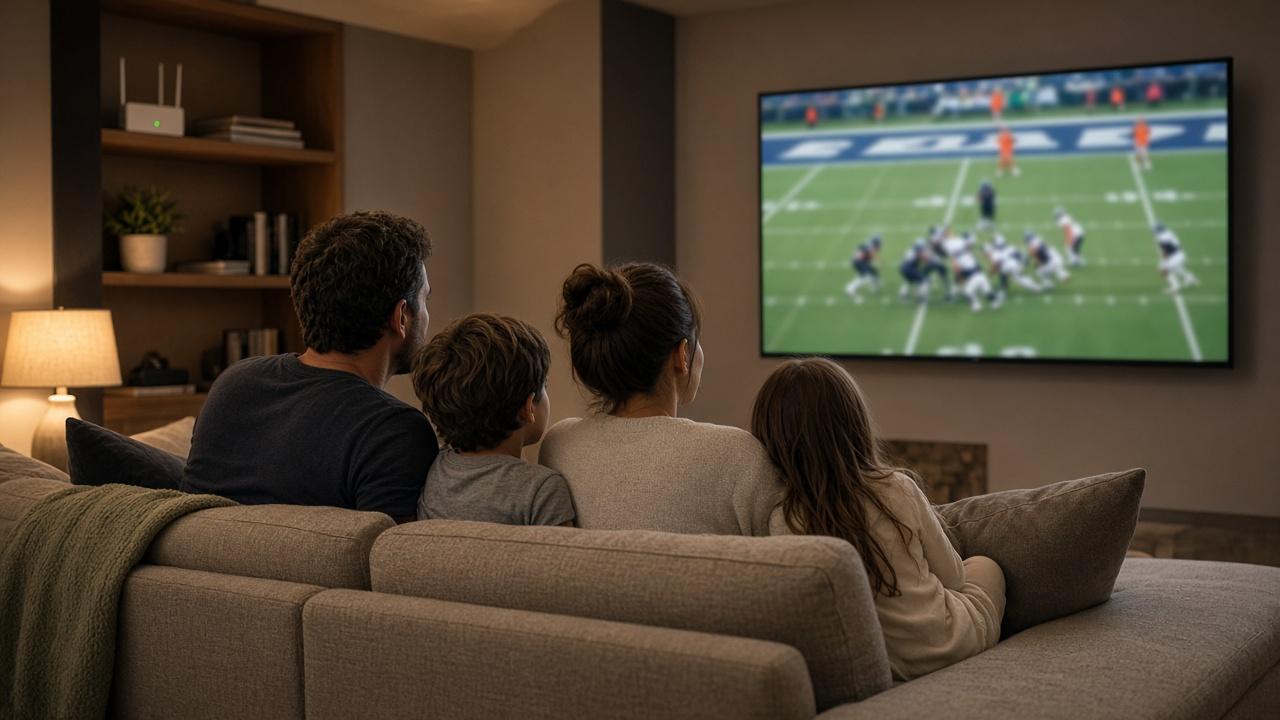 Family on a couch watching a blurred football game on a large TV in a modern living room, small router on a shelf, evening light, no logos or readable text