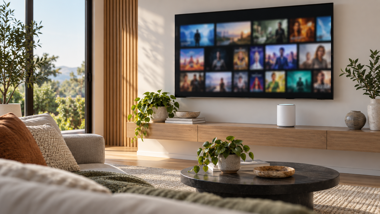Living room with a white 5G home internet gateway on a shelf below a wall-mounted TV showing a blurred streaming menu