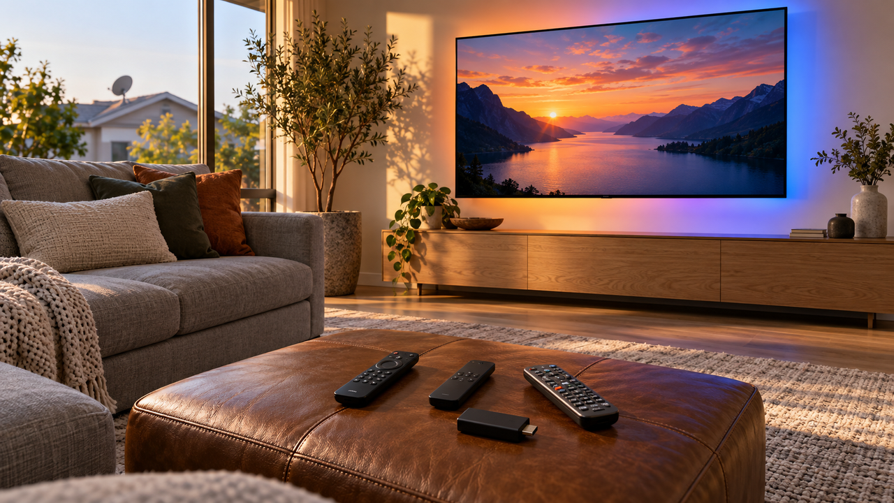 Modern family room with a large wall-mounted TV, sectional sofa and several remotes on an ottoman