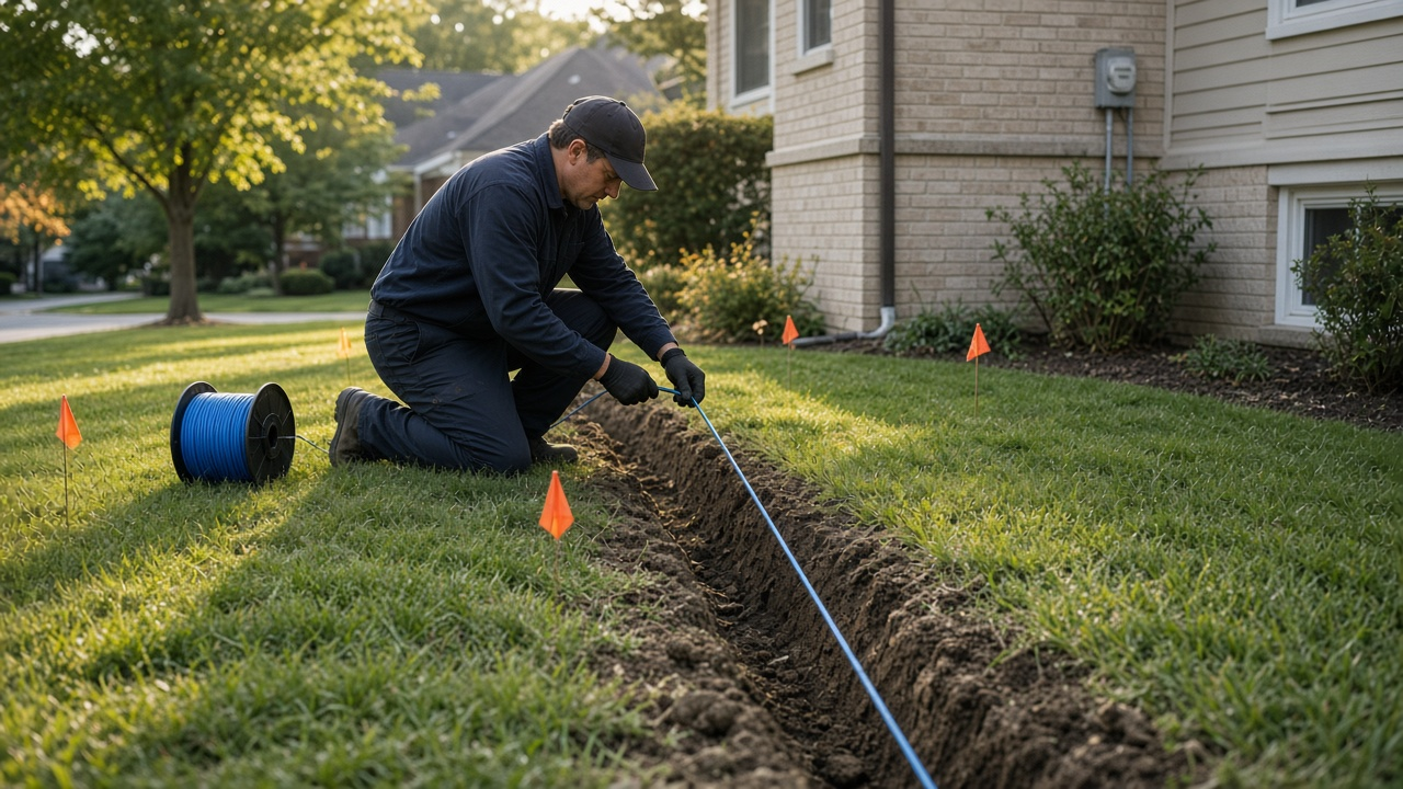 Technician pulling a thin fiber optic cable from a small trench across a suburban front lawn toward a house