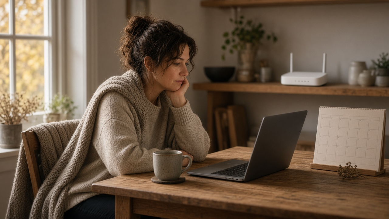 Person at a kitchen table comparing a home internet offer on a laptop with a holiday shopping calendar beside them