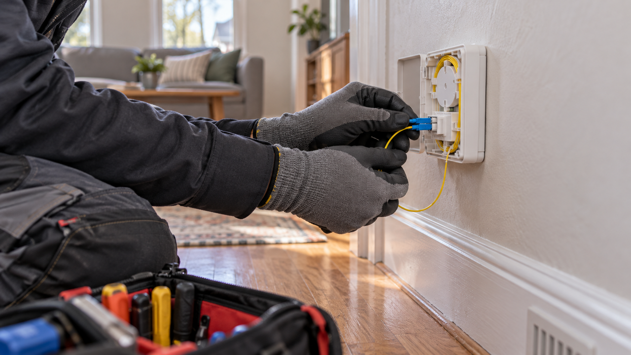 Fiber installation technician hands connecting a cable to a wall box inside a small-town home