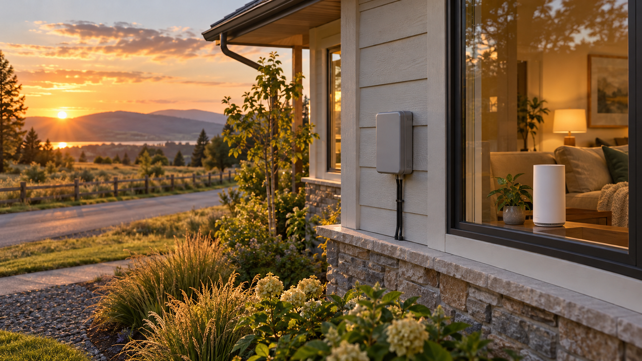 A generic exterior fiber utility box and a white gateway by a window overlooking a rural valley at sunset
