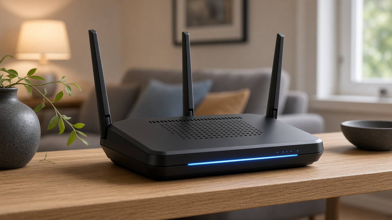 Modern WiFi router on a wooden table in a bright family home