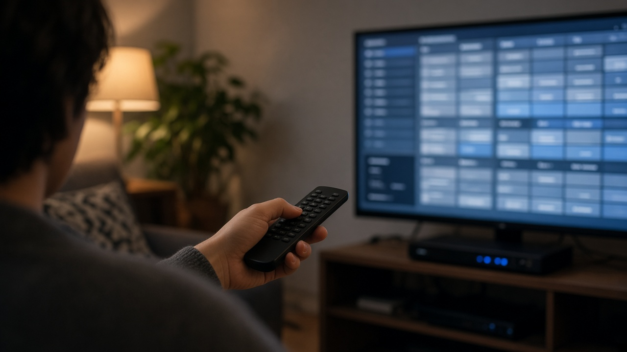 Hand holding a TV remote in front of a large television showing a softly blurred channel guide grid in a dim living room