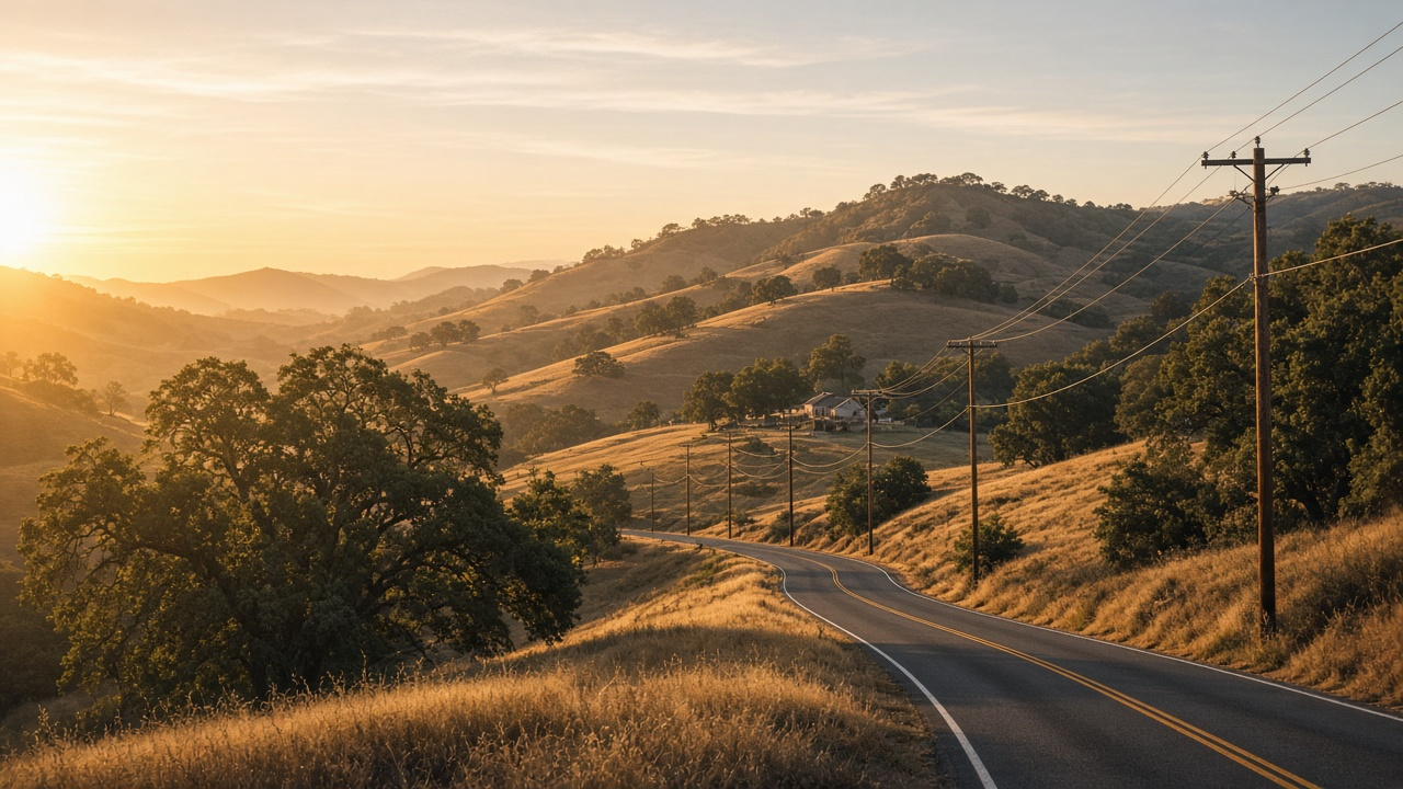 Rural California foothill road with oak trees, a utility pole carrying new fiber cable and a farmhouse in the distance under a clear sky, no logos