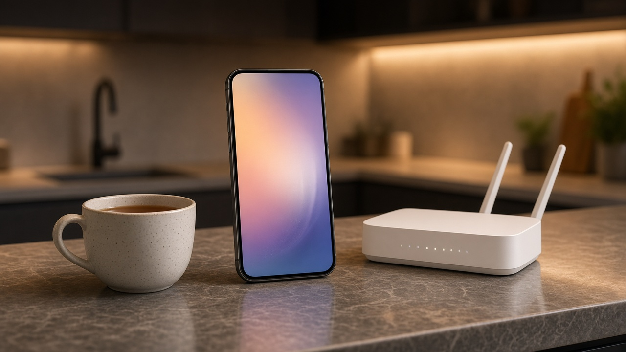 Smartphone with a soft glowing screen next to a white home router on a kitchen counter