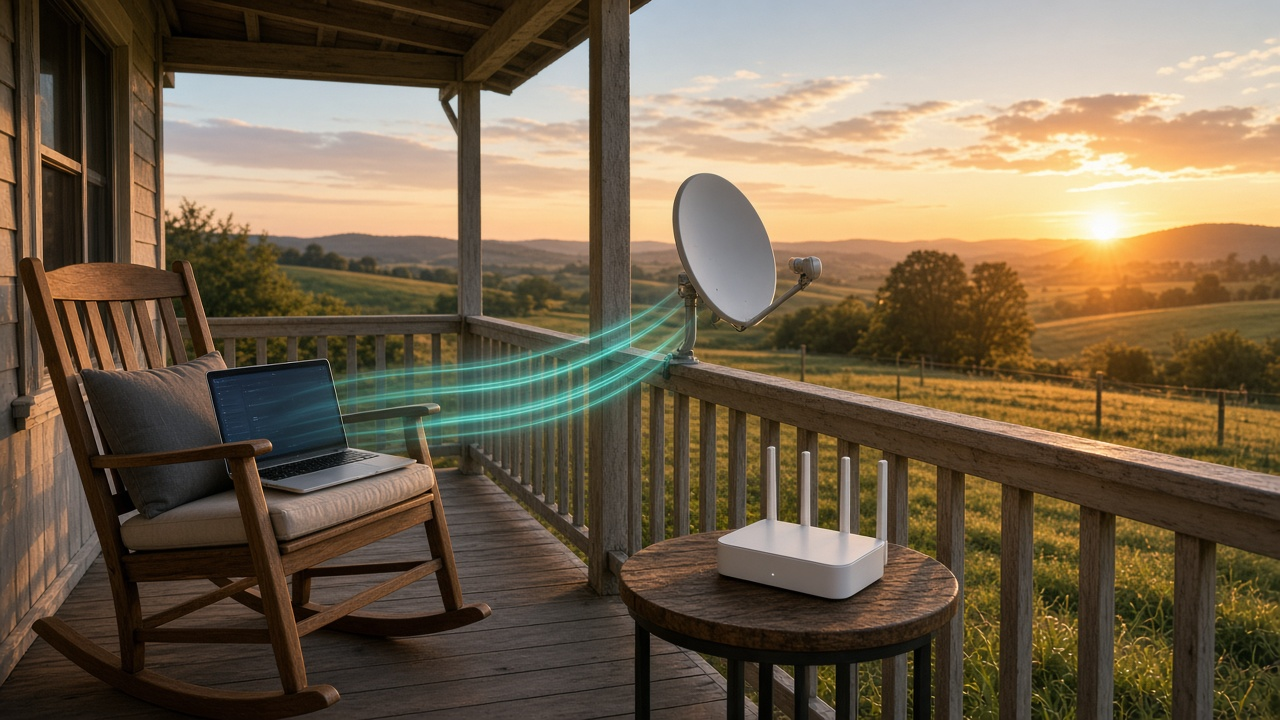 Home wireless equipment connecting to a satellite dish in a rural area