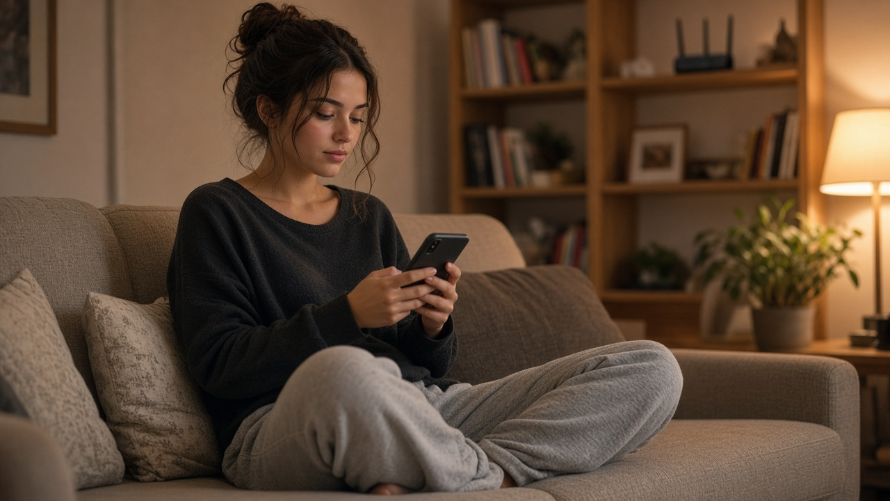 Young woman using a smartphone in a cozy rental apartment living room with a router on a shelf in the background, evening light, no logos or readable text