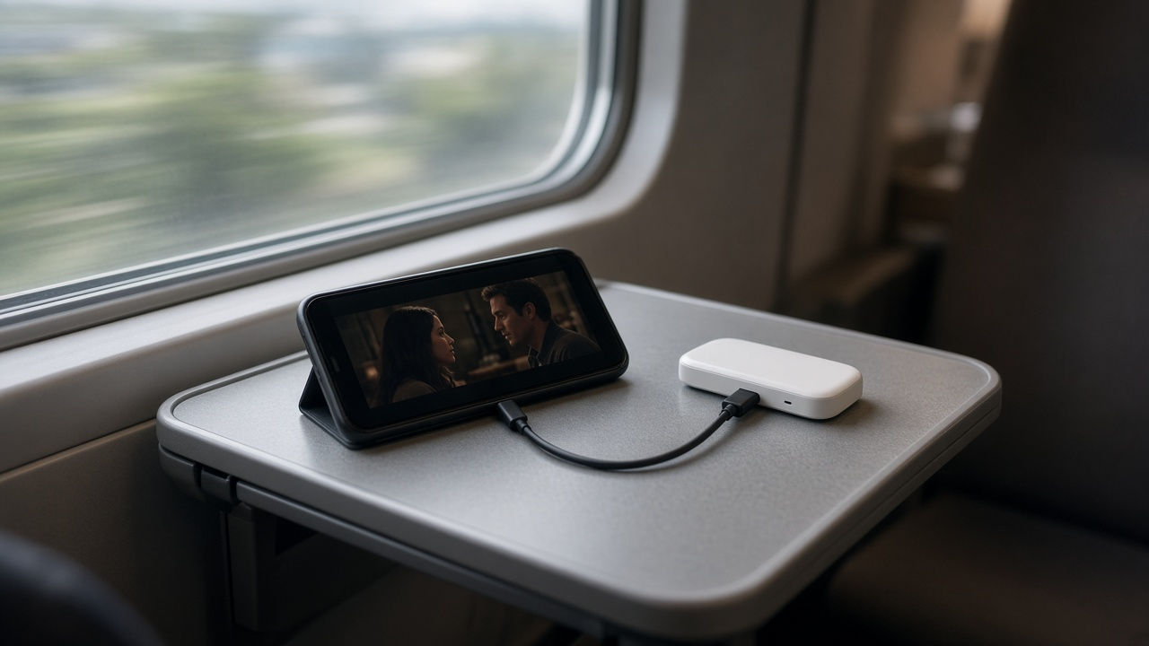 Smartphone hotspot arcs connecting to a laptop on a dim travel desk, watermark-free editorial