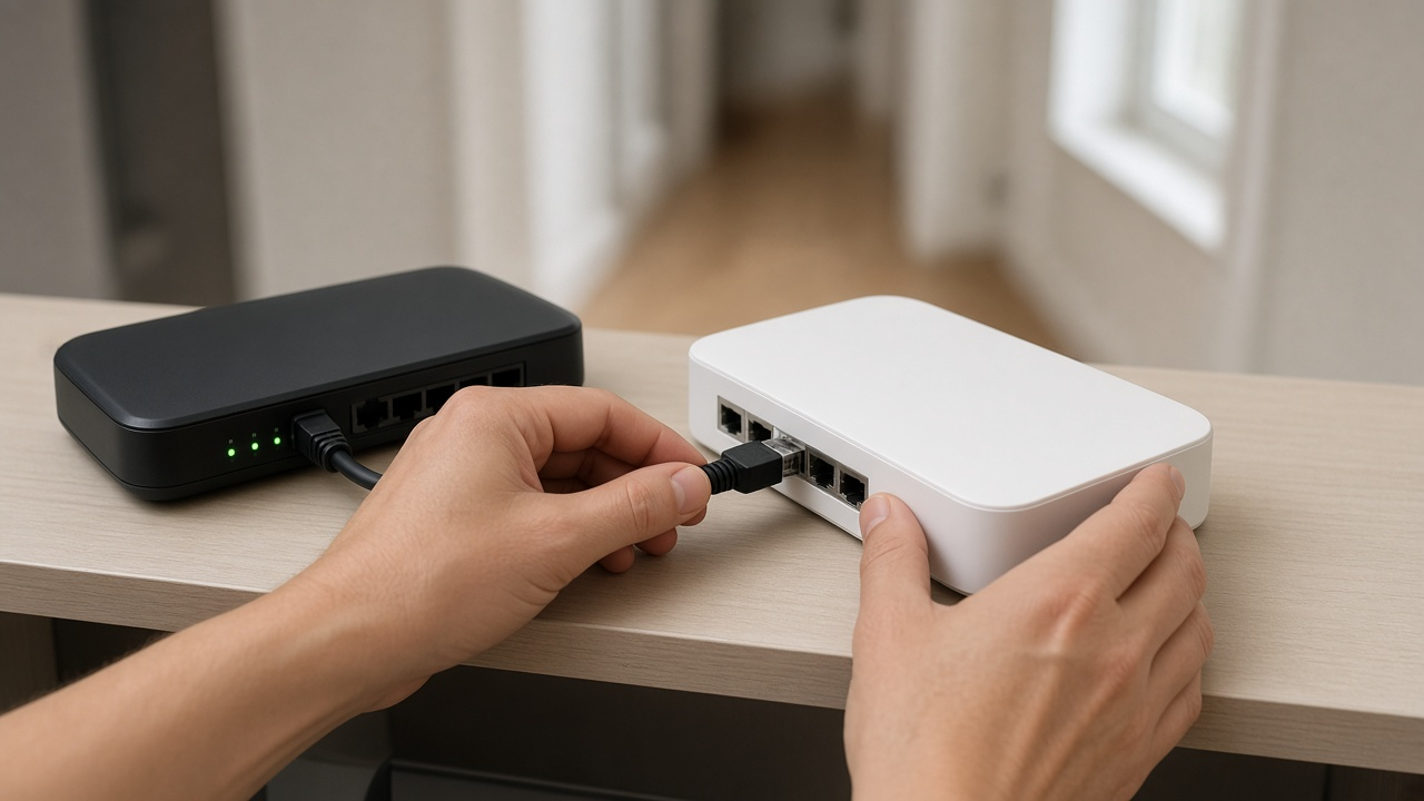 Hands connecting an Ethernet cable from a cable modem to a third-party Wi-Fi router on a shelf