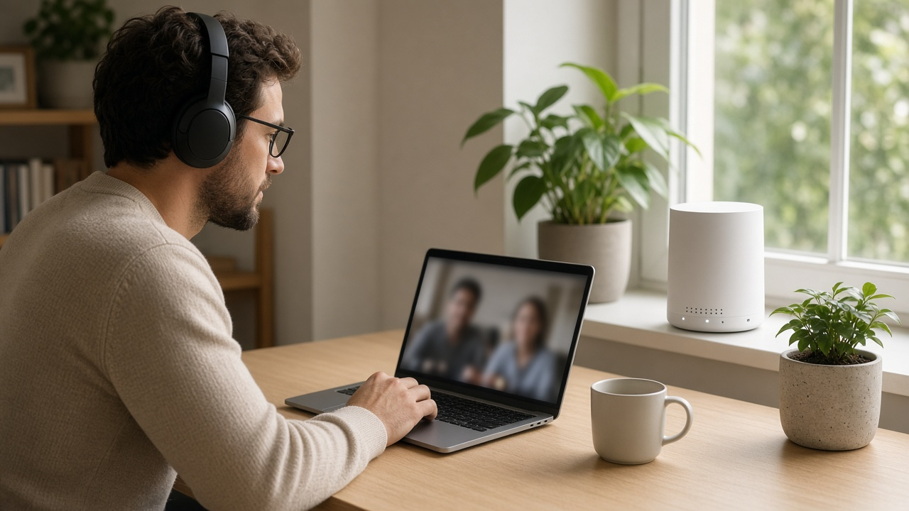 Remote worker on a video call at a home desk with a 5G home internet gateway placed near a sunny window