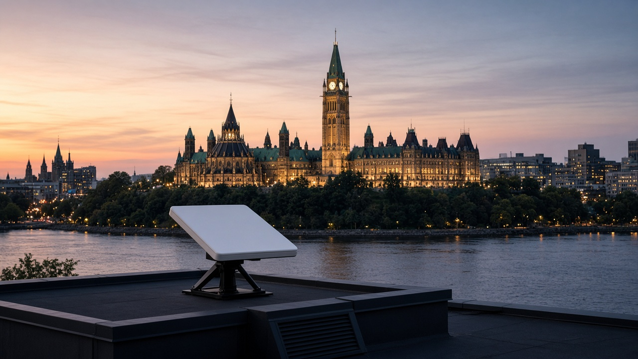 Satellite dish on a cabin roof under a northern Canadian night sky
