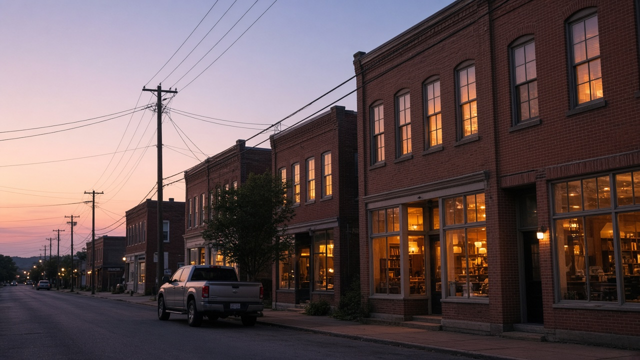 Quiet small-town main street with brick buildings and overhead utility lines